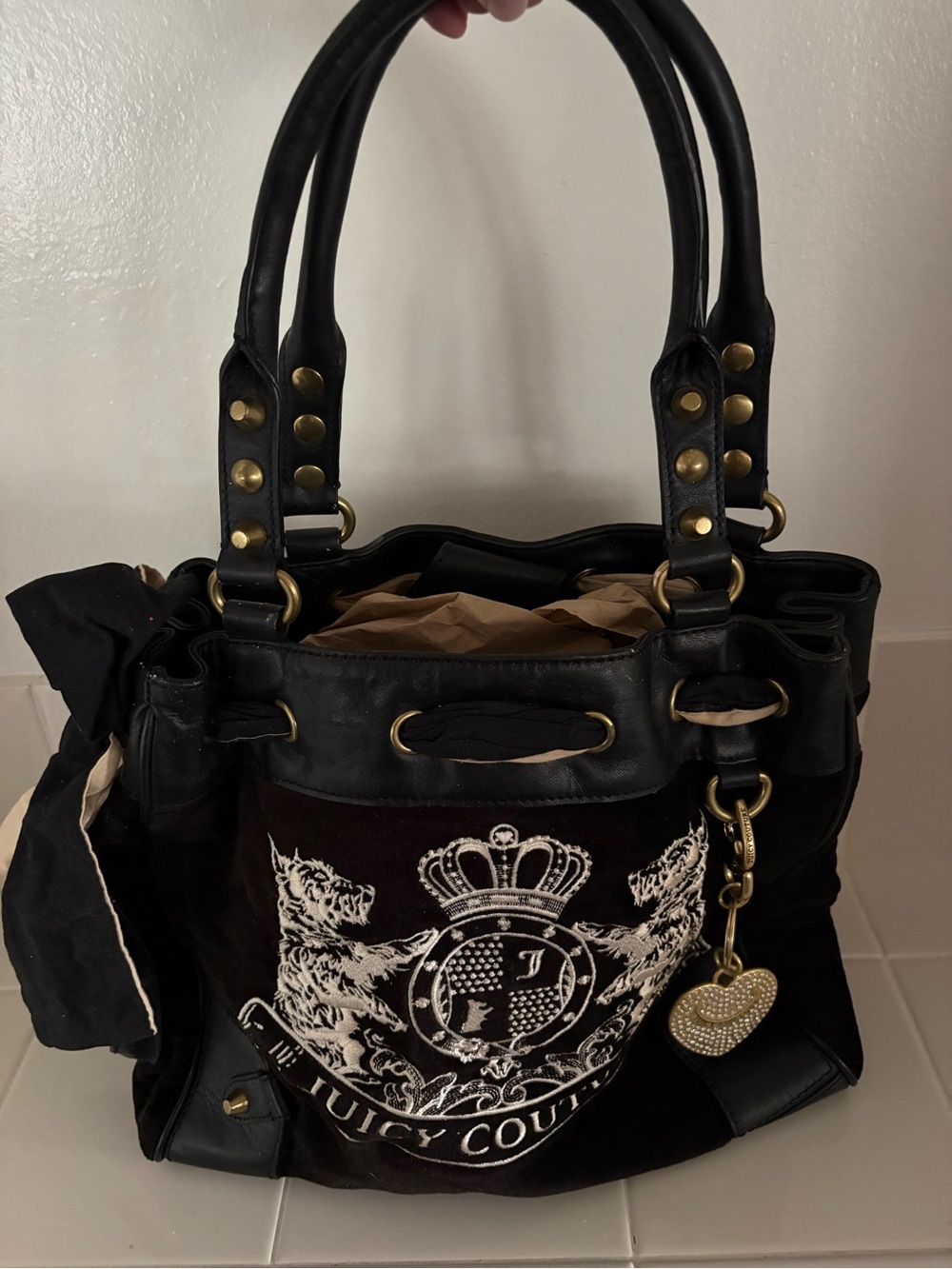 Juicy Couture Black Velvet Shoulder Bag with Gold Heart Charm
